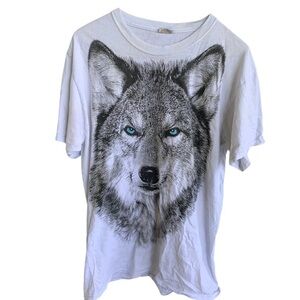 Vintage Y2K Wolf Blue Eyes Graphic Tee Shirt Size Medium
